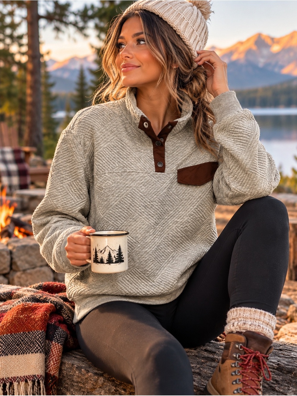 Women’s Gray Textured Quilted Pullover Snap Neck Brown Accent Cozy Sweatshirt